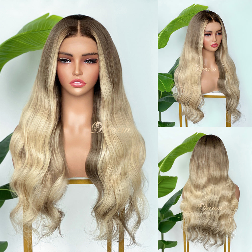 BL-01 Rooted Beige Blonde Body Wave Human Hair Wig