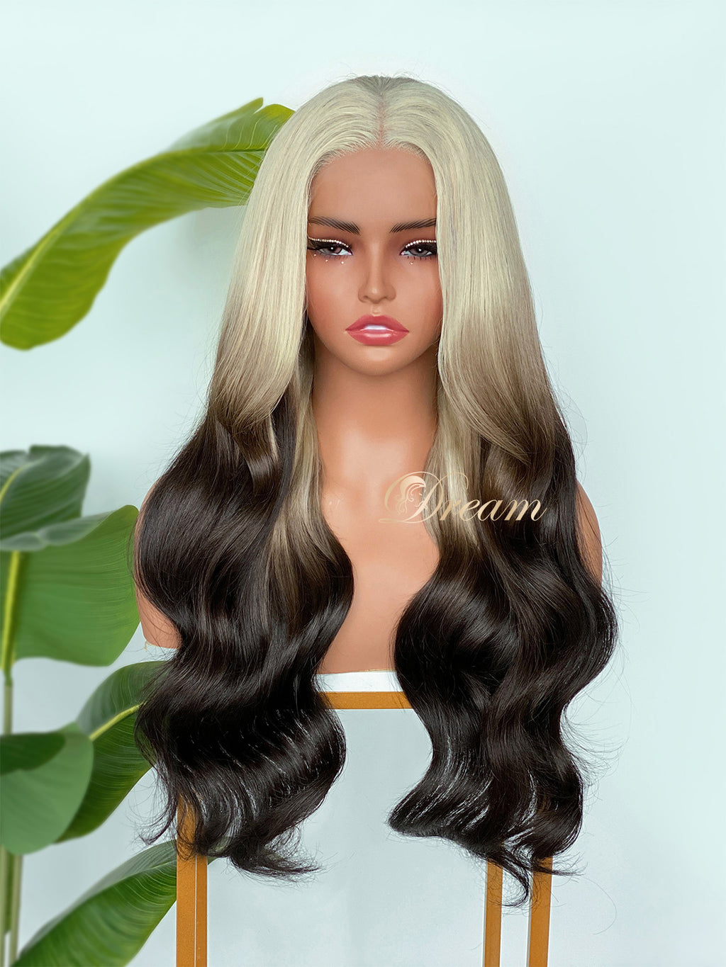 BL-03 Rooted Platinum Blonde Black Ombre Body Wave Human Hair Wig