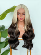 BL-03 Rooted Platinum Blonde Black Ombre Body Wave Human Hair Wig