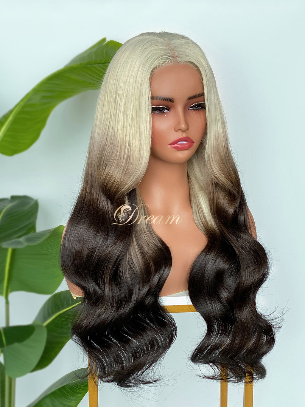 BL-03 Rooted Platinum Blonde Black Ombre Body Wave Human Hair Wig