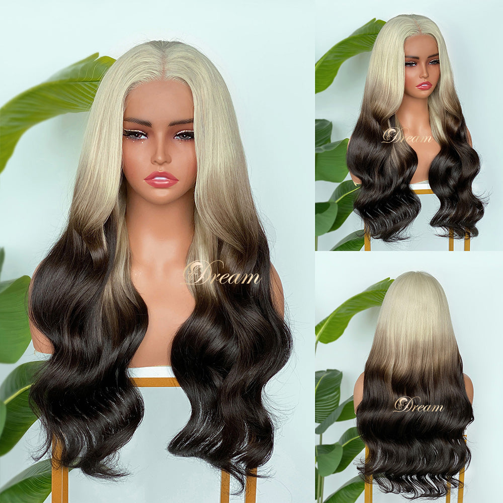 BL-03 Rooted Platinum Blonde Black Ombre Body Wave Human Hair Wig
