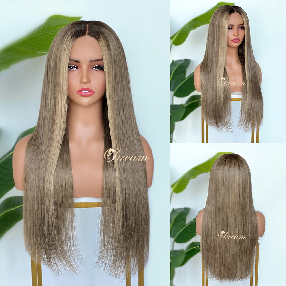 BL-10 Smoky Taupe Blonde Straight Human Hair Wig