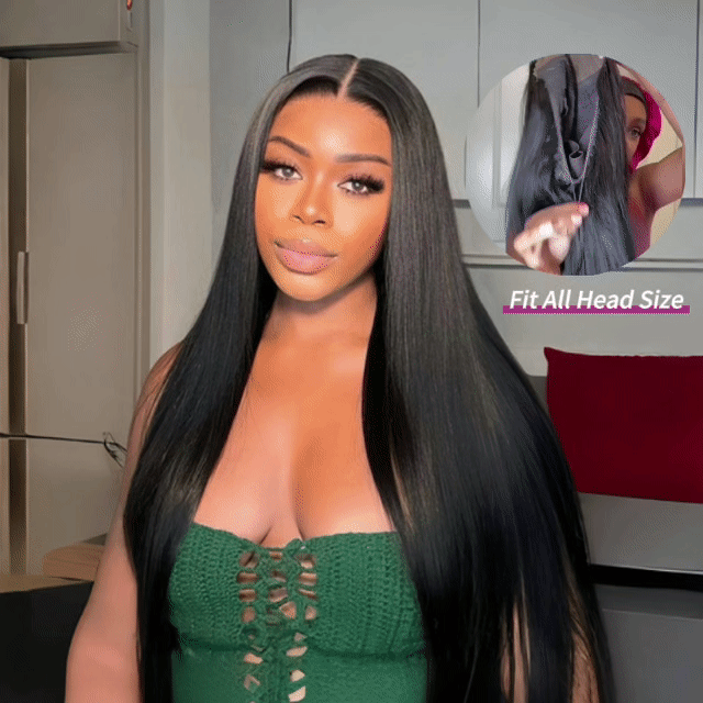 Put On & Go Wig Pre Pluck 7x5 Glueless Lace Black Straight Wig With Elastic