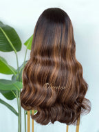 L1-01 Dark Chocolate Caramel Balayage Body Wave Human Hair Wig