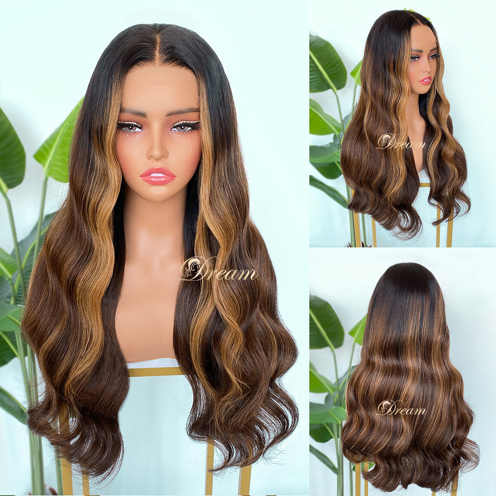 L1-01 Dark Chocolate Caramel Balayage Body Wave Human Hair Wig