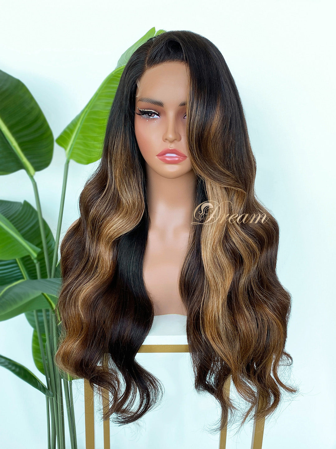 L1-03 Dark Brunette Caramel Highlight Body Wave Human Hair Wig