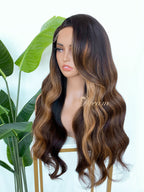 L1-03 Dark Brunette Caramel Highlight Body Wave Human Hair Wig