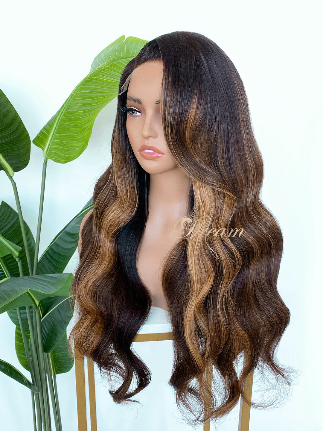 L1-03 Dark Brunette Caramel Highlight Body Wave Human Hair Wig