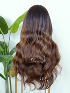 L1-03 Dark Brunette Caramel Highlight Body Wave Human Hair Wig