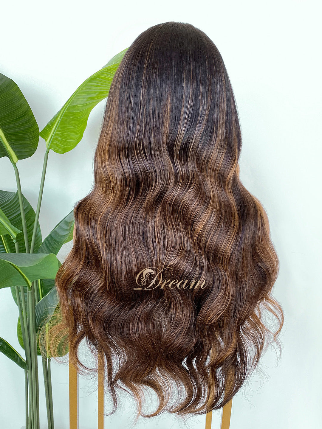 L1-03 Dark Brunette Caramel Highlight Body Wave Human Hair Wig