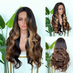 L1-03 Dark Brunette Caramel Highlight Body Wave Human Hair Wig