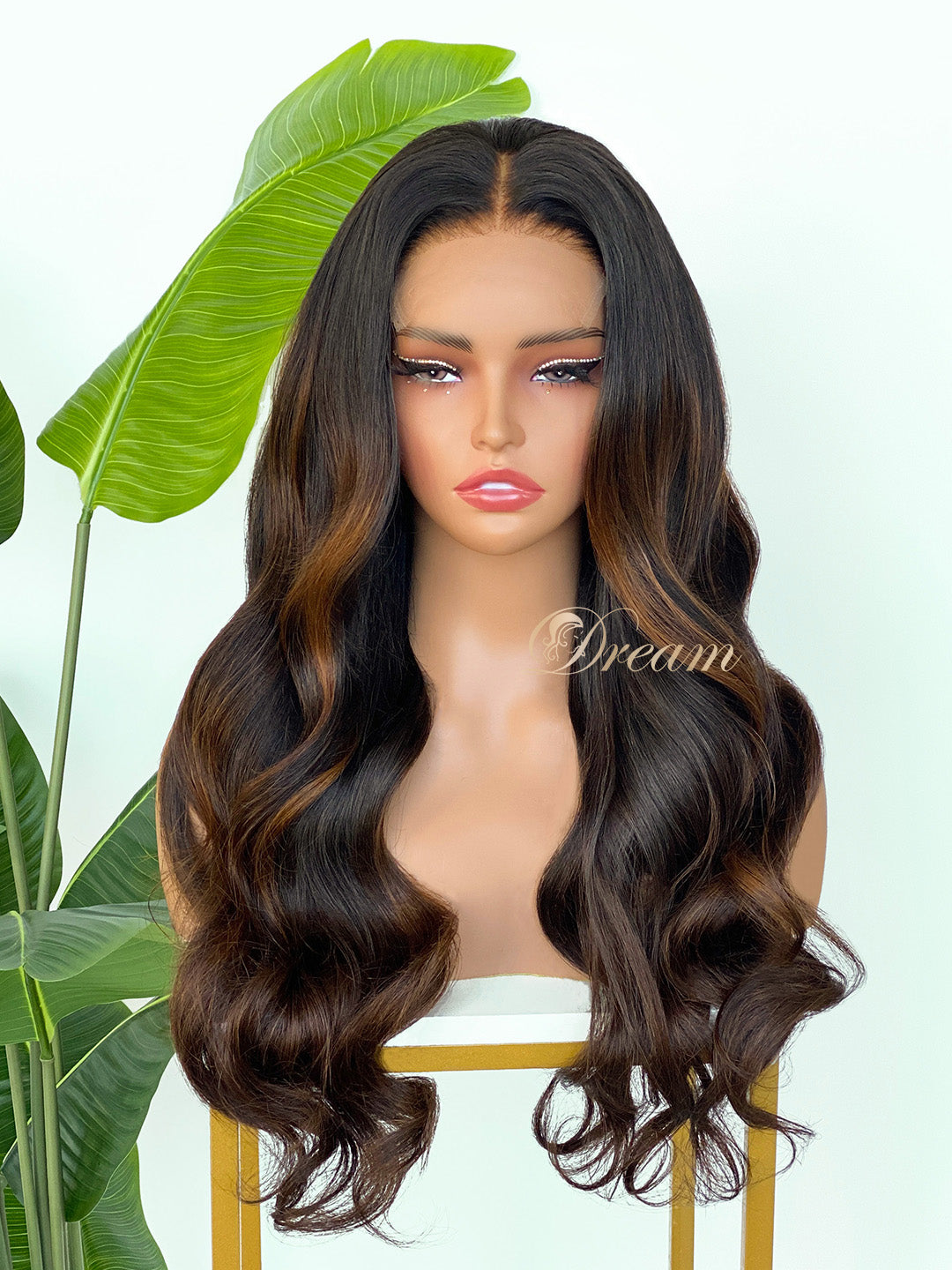 L1-06 Dark Brown Warm Caramel Highlight Body Wave Human Hair Wig