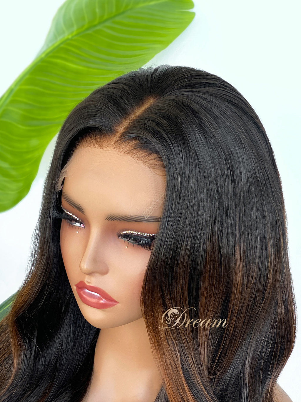 L1-06 Dark Brown Warm Caramel Highlight Body Wave Human Hair Wig