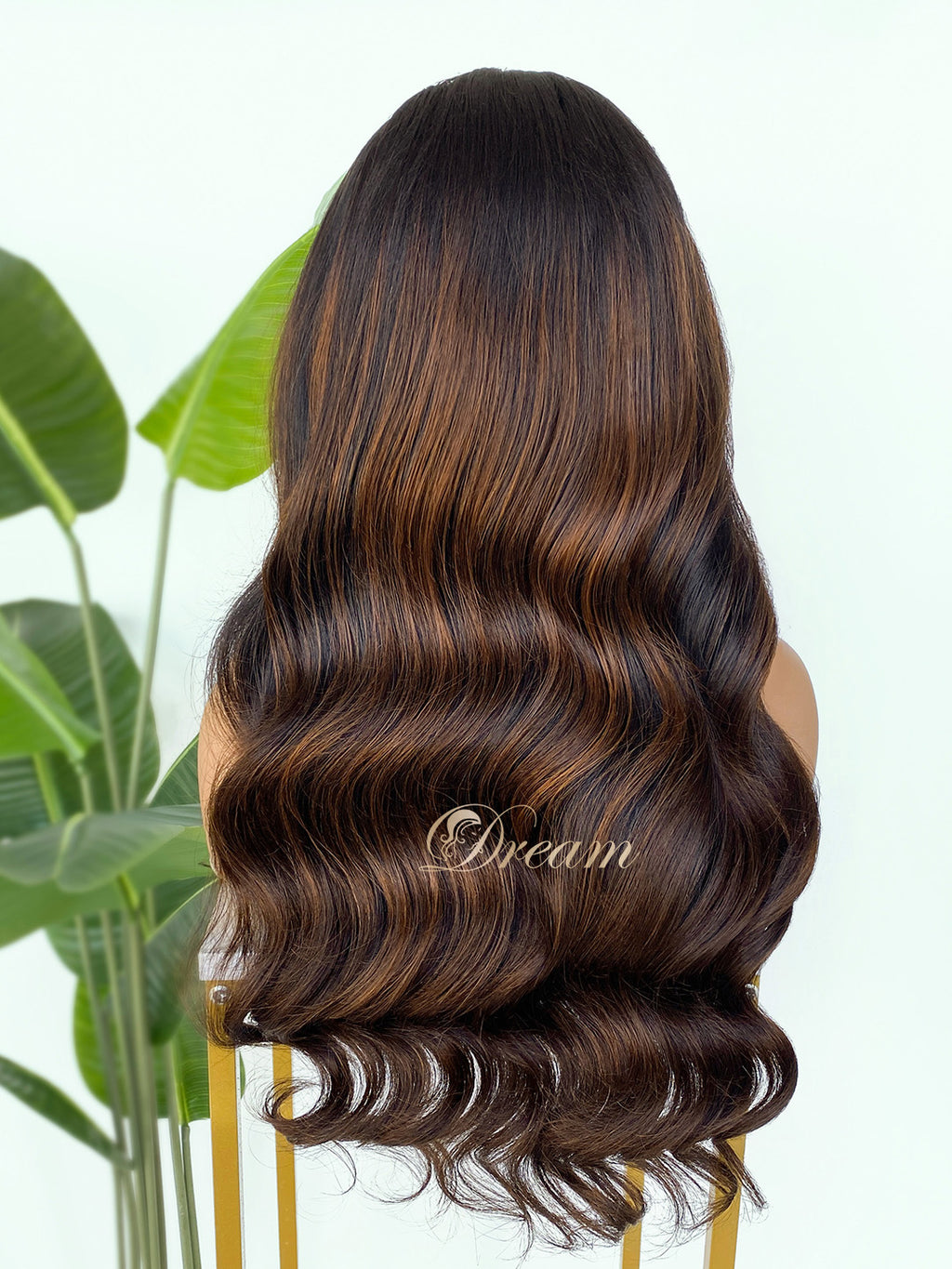 L1-06 Dark Brown Warm Caramel Highlight Body Wave Human Hair Wig