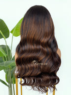 L1-06 Dark Brown Warm Caramel Highlight Body Wave Human Hair Wig