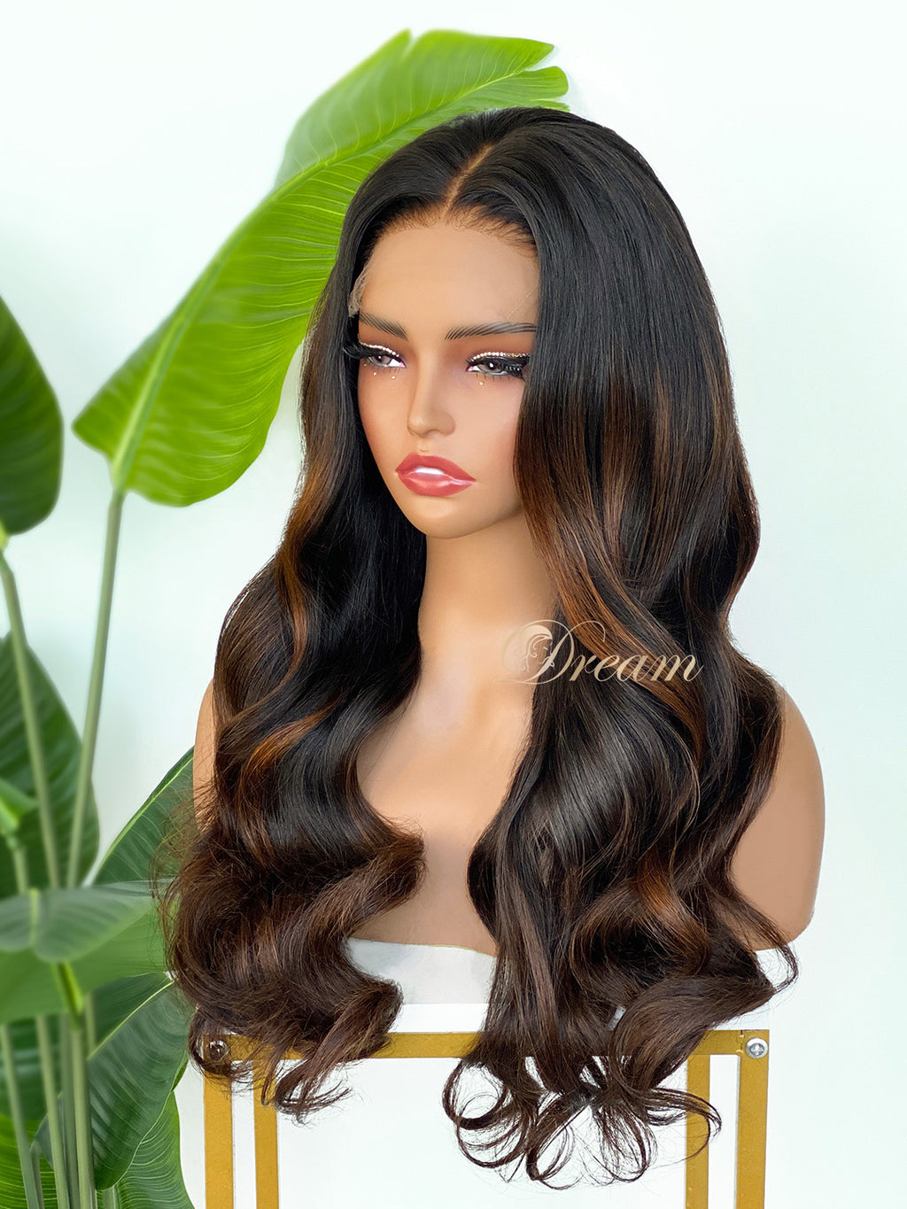 L1-06 Dark Brown Warm Caramel Highlight Body Wave Human Hair Wig
