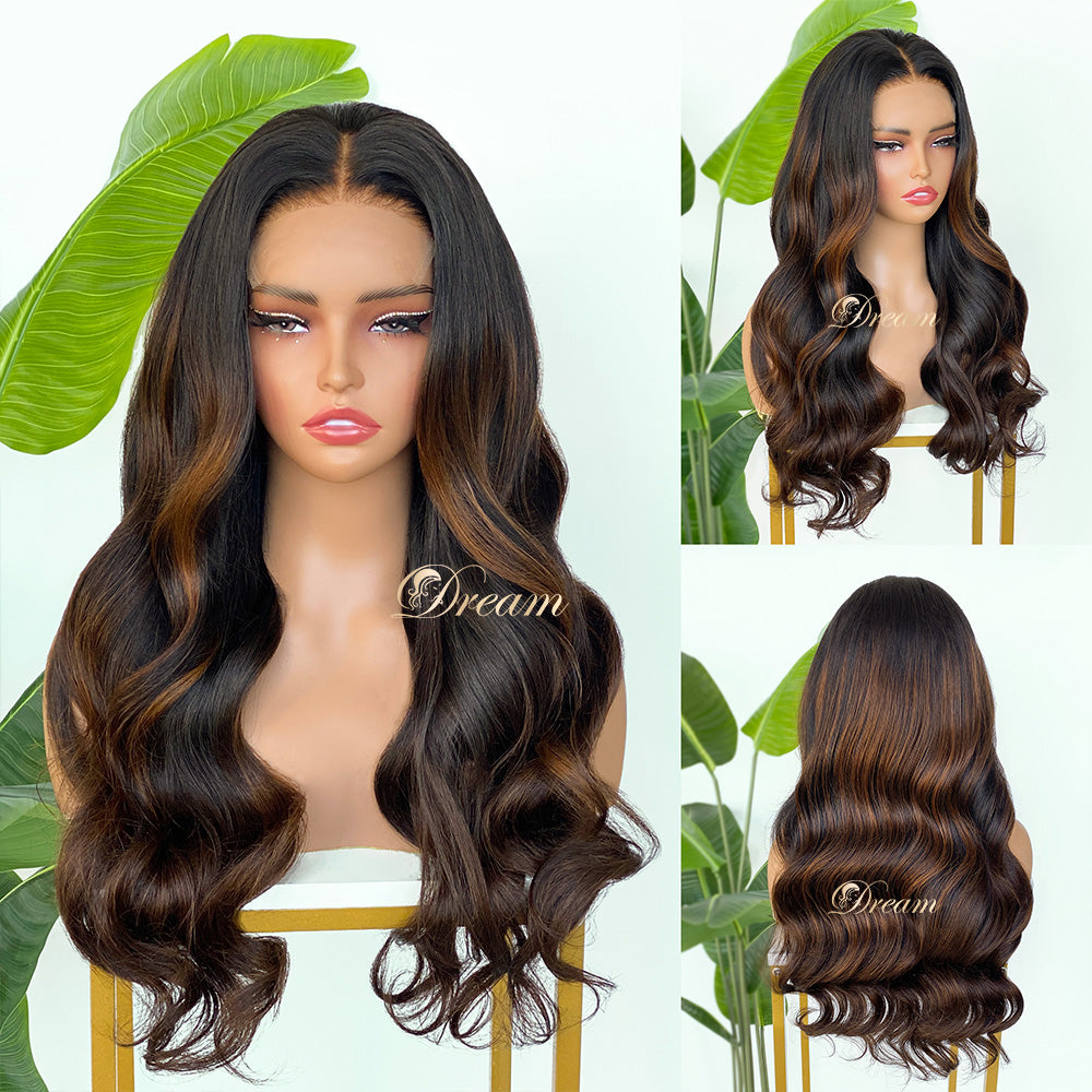 L1-06 Dark Brown Warm Caramel Highlight Body Wave Human Hair Wig