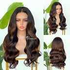 L1-06 Dark Brown Warm Caramel Highlight Body Wave Human Hair Wig