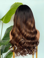 L1-09 Dark Brown Caramel Balayage Body Wave Human Hair Wig
