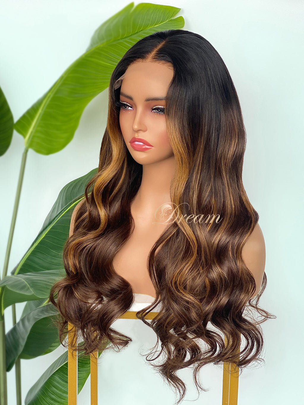 L1-09 Dark Brown Caramel Balayage Body Wave Human Hair Wig