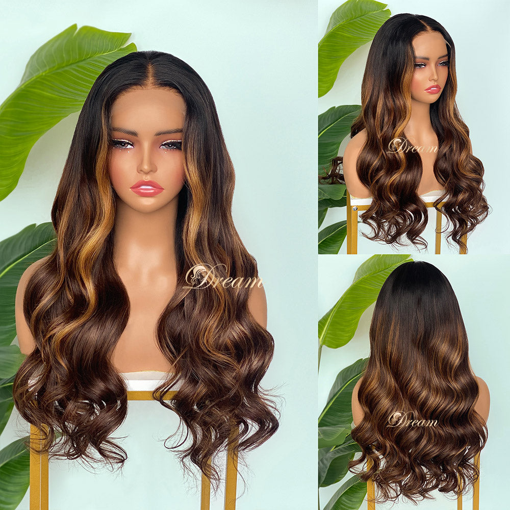 L1-09 Dark Brown Caramel Balayage Body Wave Human Hair Wig