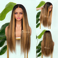 L1-10 Dark Root Caramel Brown Ombre Straight Human Hair Wig