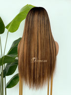 L1-10 Dark Root Caramel Brown Ombre Straight Human Hair Wig