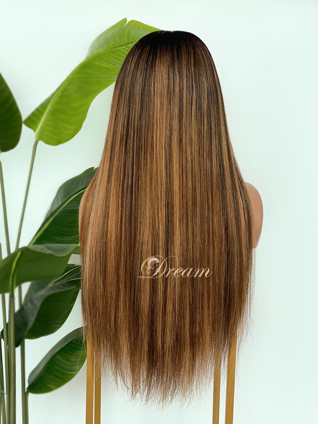L1-10 Dark Root Caramel Brown Ombre Straight Human Hair Wig