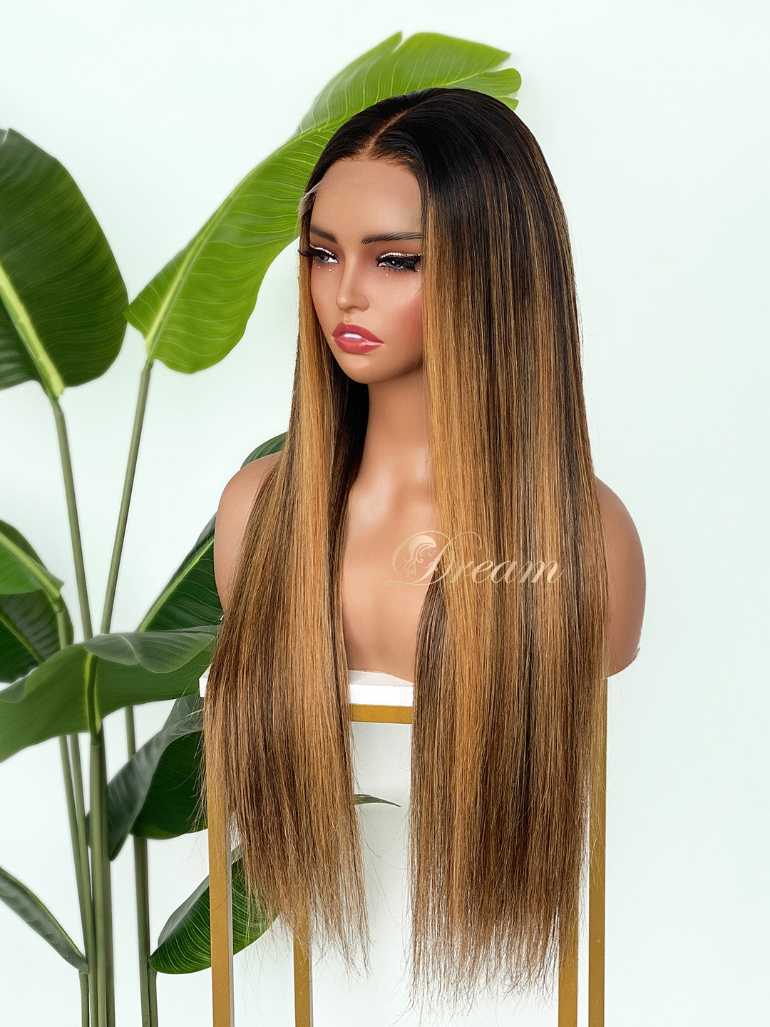 L1-10 Dark Root Caramel Brown Ombre Straight Human Hair Wig