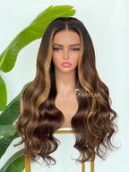 L1-11 Dark Brown Chestnut Highlight Body Wave Human Hair Wig