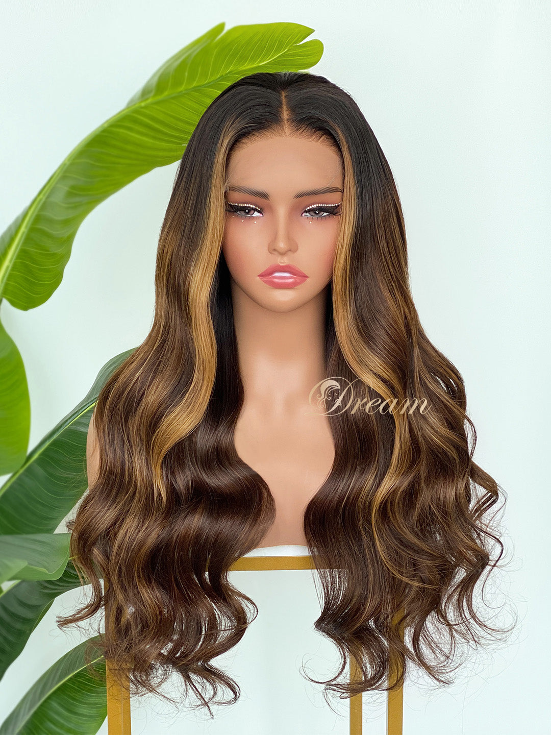 L1-11 Dark Brown Chestnut Highlight Body Wave Human Hair Wig