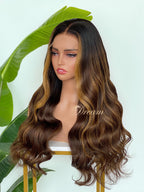 L1-11 Dark Brown Chestnut Highlight Body Wave Human Hair Wig