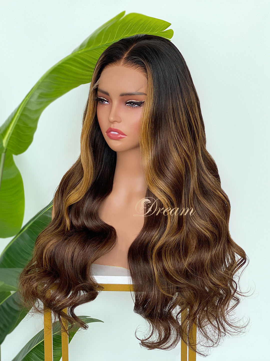 L1-11 Dark Brown Chestnut Highlight Body Wave Human Hair Wig