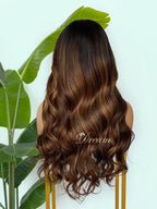 L1-11 Dark Brown Chestnut Highlight Body Wave Human Hair Wig