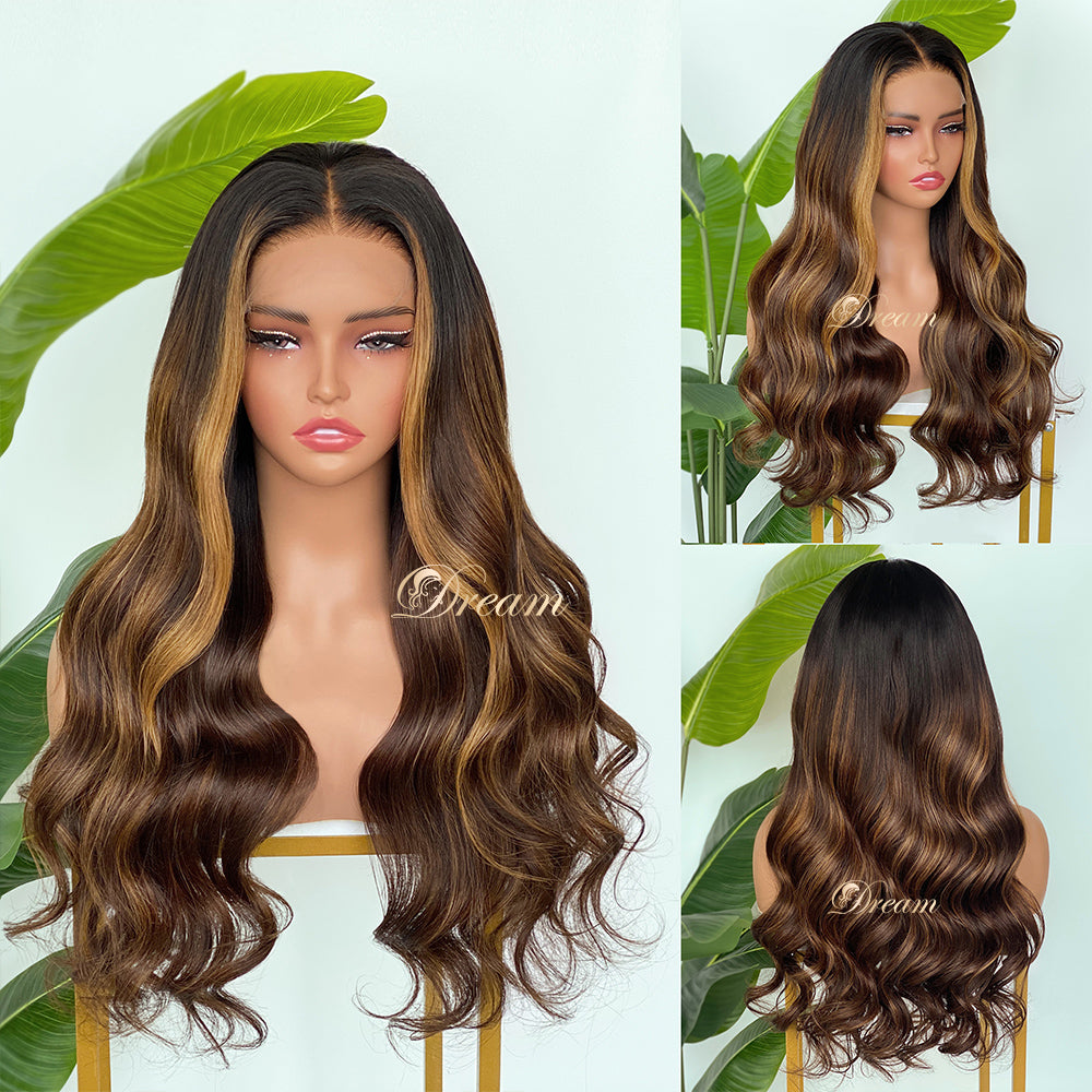 L1-11 Dark Brown Chestnut Highlight Body Wave Human Hair Wig