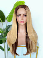 L2-03 Rooted Golden Blonde Straight Human Hair Wig