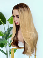 L2-03 Rooted Golden Blonde Straight Human Hair Wig