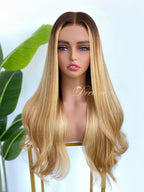 L2-04 Rooted Golden Beige Blonde Body Wave Human Hair Wig