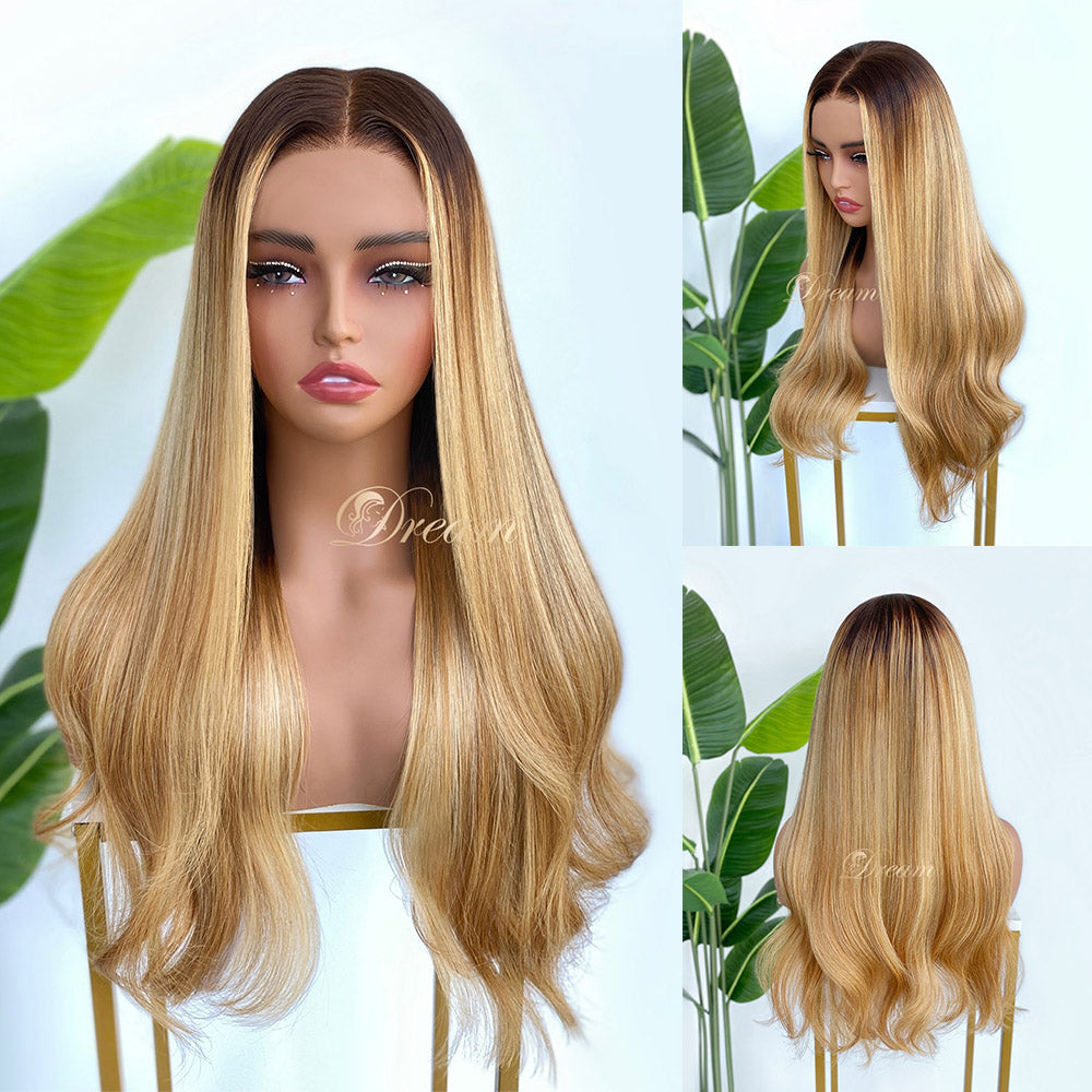 L2-04 Rooted Golden Beige Blonde Body Wave Human Hair Wig