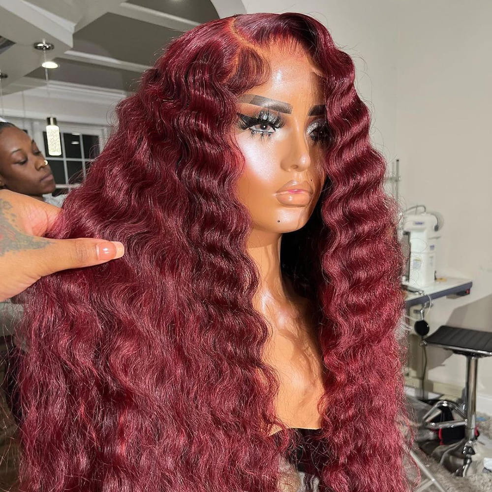 Burgundy Color Deep Wave Lace Front Wig Human Hair Wigs For  display picture 2