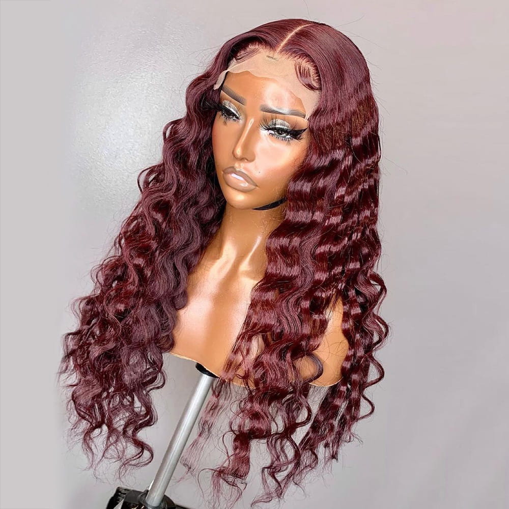 Burgundy Color Deep Wave Lace Front Wig Human Hair Wigs For  display picture 2
