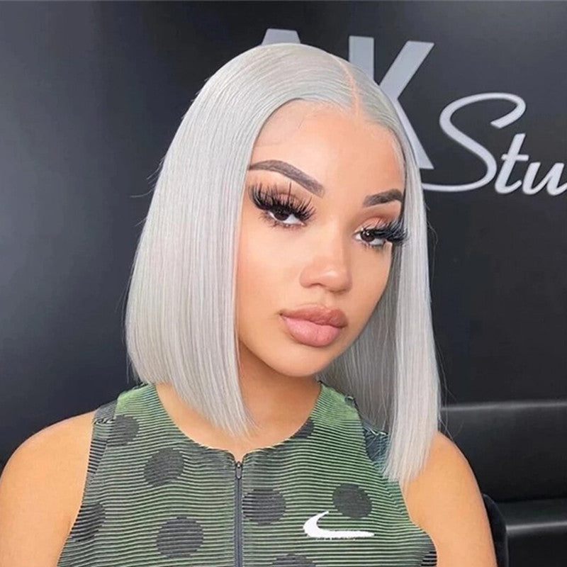 Light gray lace front wig straight platinum Luxury Light Silver Grey Gray 100% Human Hair Swiss 13x4  main image 3
