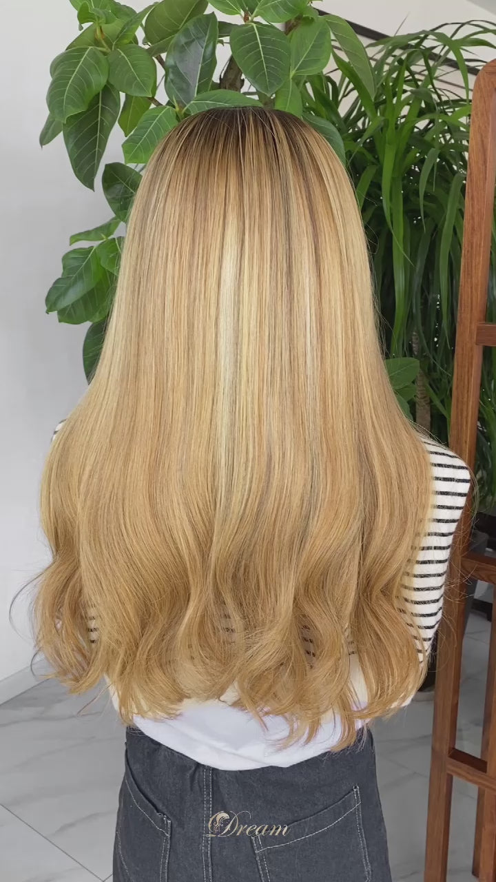 L2-04 Rooted Golden Beige Blonde Body Wave Human Hair Wig