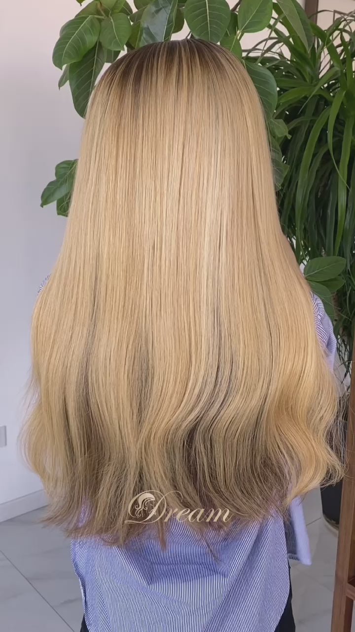 L2-03 Rooted Golden Blonde Straight Human Hair Wig