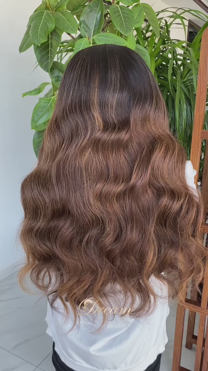 L1-03 Dark Brunette Caramel Highlight Body Wave Human Hair Wig