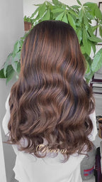 L1-06 Dark Brown Warm Caramel Highlight Body Wave Human Hair Wig