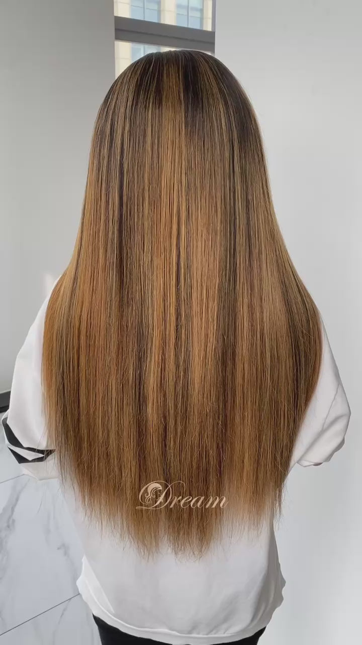 L1-10 Dark Root Caramel Brown Ombre Straight Human Hair Wig
