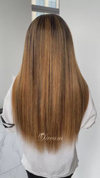 L1-10 Dark Root Caramel Brown Ombre Straight Human Hair Wig