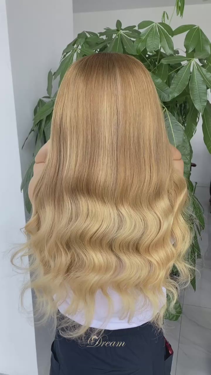 L2-06 Warm Golden Beige Blonde Body Wave Human Hair Wig