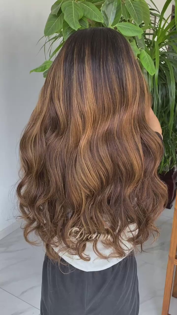 L1-11 Dark Brown Chestnut Highlight Body Wave Human Hair Wig